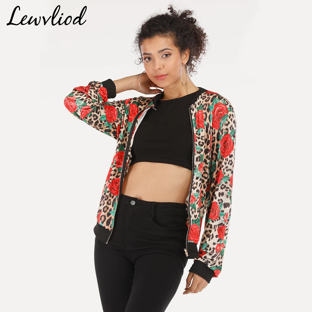 Leopard Роза печати курточка бомбер для женщин Весна Ретро цветок с длинным рукавом женский пальто дамы плюс размерные куртки новая верхняя одежда