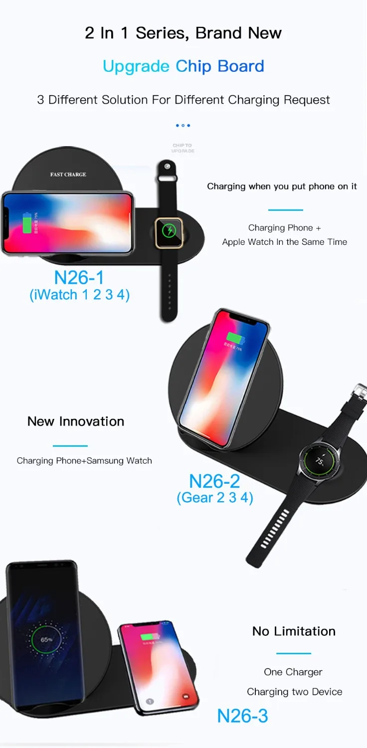 Беспроводное зарядное устройство 2 в 1 QI для iPhone X XS MAX i Watch 3 4 Samsung Gear S2 S3 S4 Note 9 |