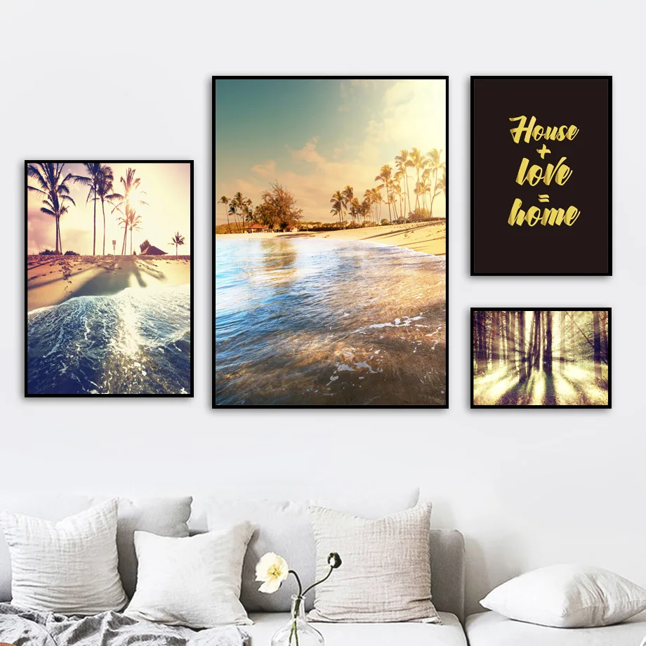 

Golden Tropical Sand Beach Landscape Nordic Posters And Prints Wall Art Canvas Painting Wall Pictures For Living Room Decor