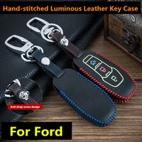 luminous genuine leather car smart remote key fob cover case bag for ford mondeo ecosport kuga escape fiesta 3 button key case