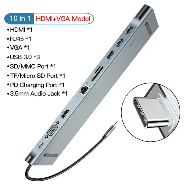 1 to 10 Baseus 11 в 1 мульти USB C концентратор type C к HDMI VGA RJ45 несколько портов USB 3,0 USB3.0 type-C разветвитель для Macbook Pro Air USB-C HUB - Color: 1 to 10