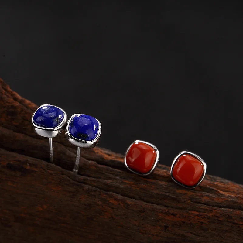 Bali India and Nepal Handmade Lapis lazuli 925 Sterling Silver Stud Earrings Natural Stone For Women Wedding Gift | Украшения и
