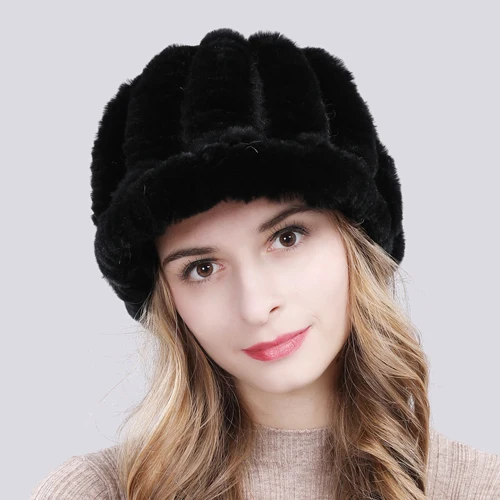 black Новинка, настоящий мех кролика, женская зимняя шапка, натуральный настоящий мех кролика, шапка для женщин, вязаная, теплая, натуральный мех, шапки - Цвет: black
