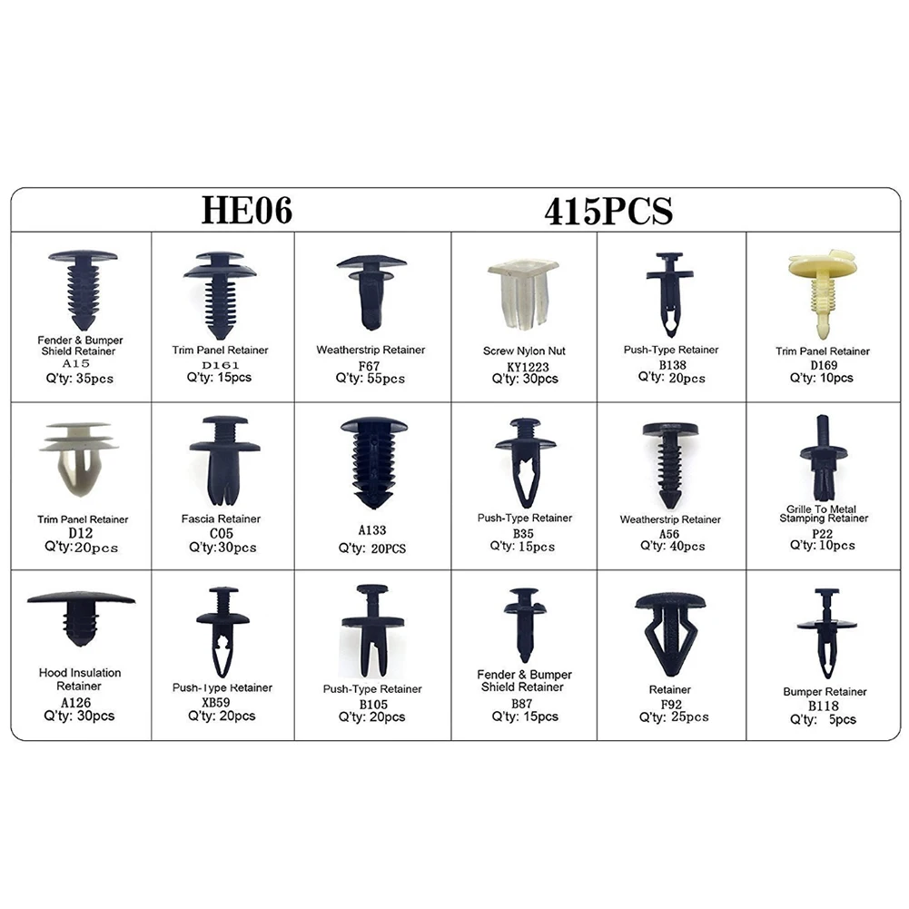 415pcs Car Clips Rivets Fastener Fender Bumper Push Pin Free Remover Tool Plastic | Автомобили и мотоциклы