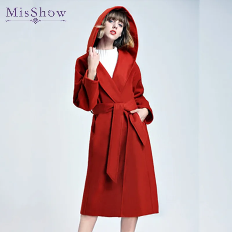 Misshow 2018 полушерстяные красные зимние пальто Для женщин Пальто с поясом и пуховики
