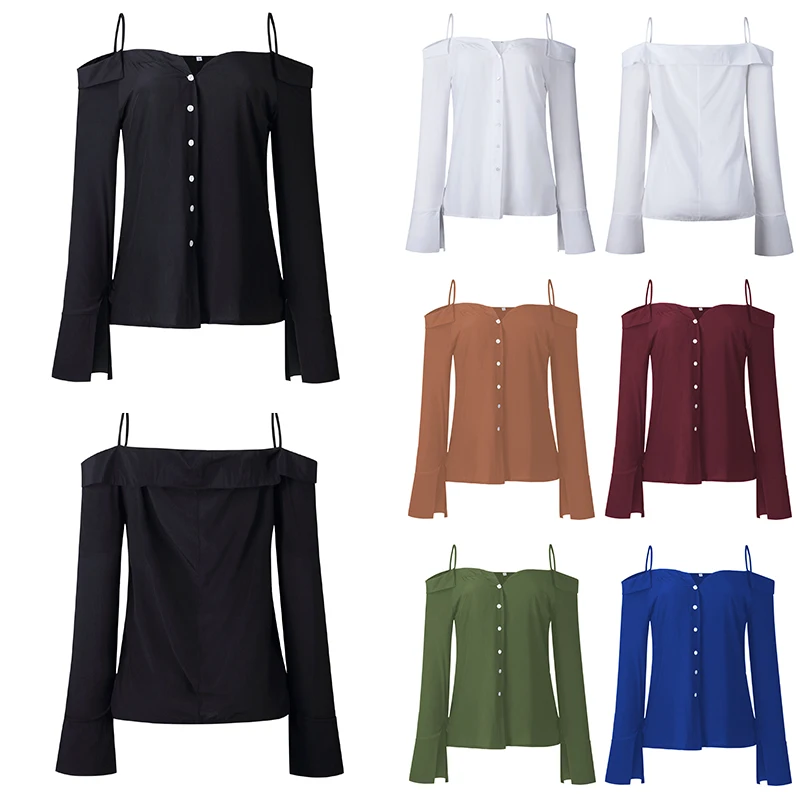 

Women Off Shoulder Shirt 2019 Long Sleeves Pure Color Tops Loose Blouse Shirt One-Shoulder Long-Sleeved Solid Color Sling Blouse