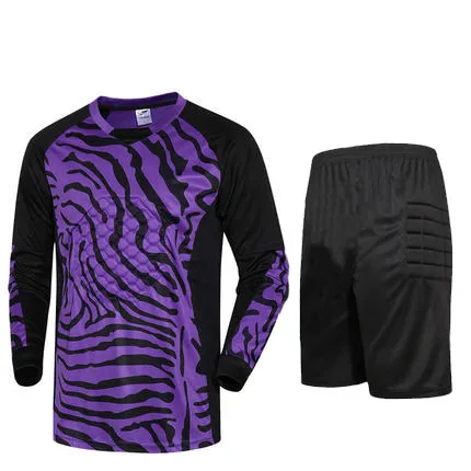 purple shorts ZMSM Молодежные взрослые Вратарские футбольные майки комплект губок защита вратаря Футбольная форма полосатая Вратарская рубашка брюки и шорты - Цвет: purple shorts