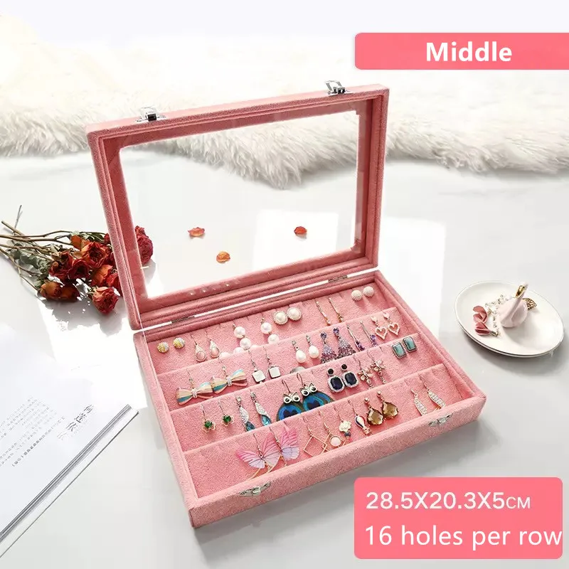 Medium-Pink Бархатный Чехол для переноски со стеклянной крышкой, ювелирная коробка для показа сережек, лоток, держатель, коробка для хранения ювелирных изделий, Органайзер - Цвет: Medium-Pink