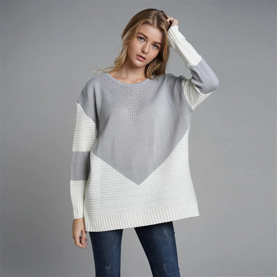 High Quality Contrast Color Sweater Women 2018 Winter Long Sleeve Loose Pullover Knitted Autumn Female Oversized | Женская одежда