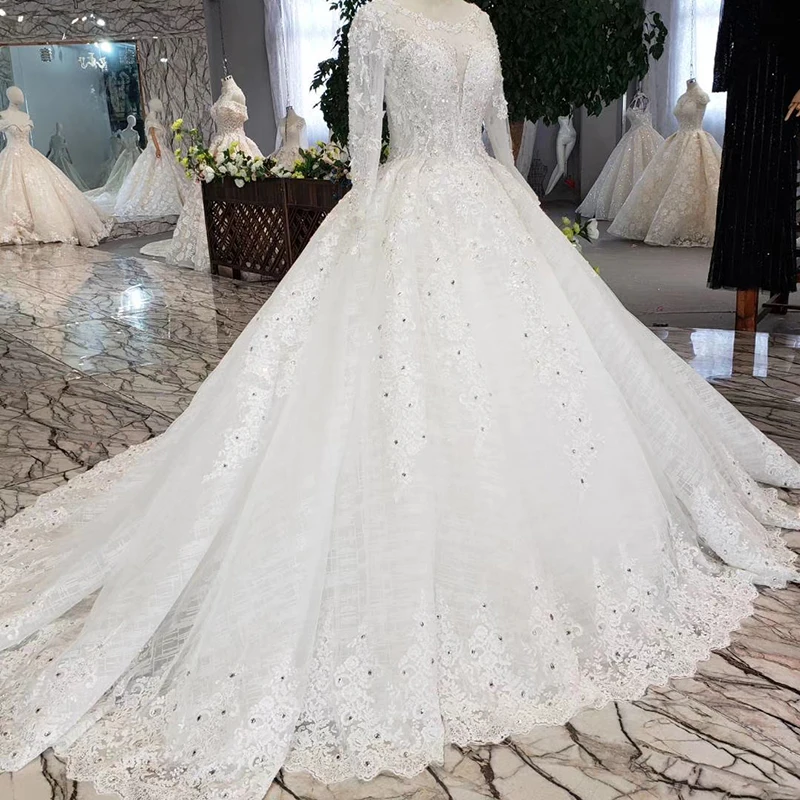 Musim Wedding Dress with long sleeve o-neck lace up back like white bridal dress gown brush train abiti da sposa 2020 HTL298 | Свадьбы и