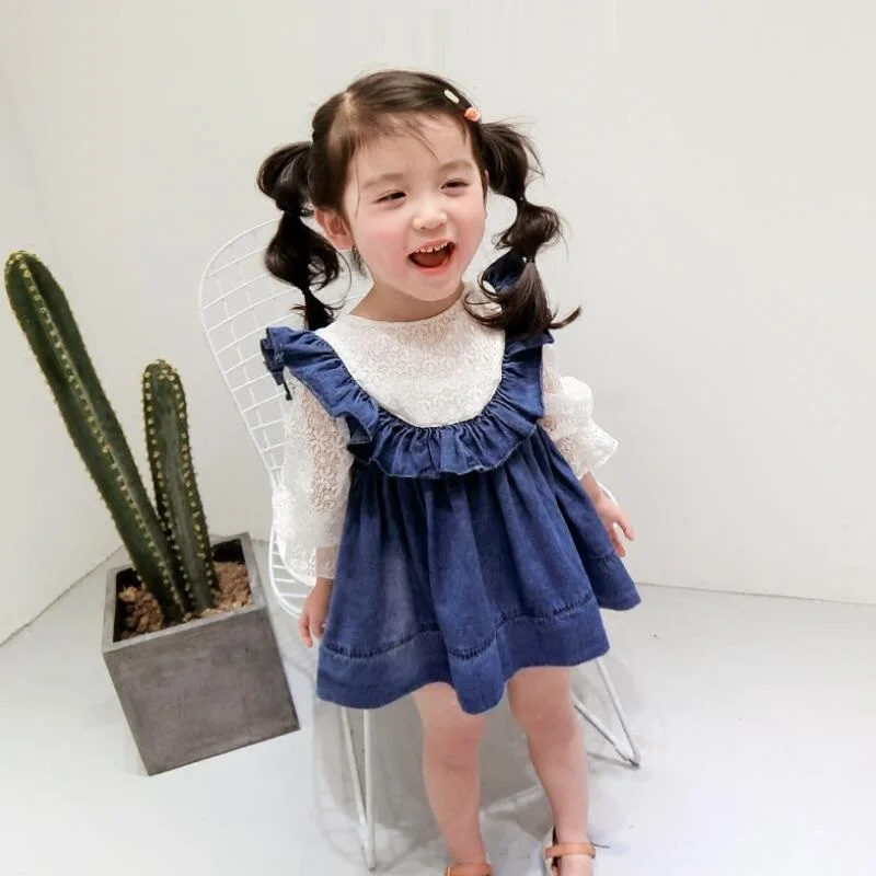 2019 Spring Autumn Long Sleeve Girls Princess Lace Dress Ruffles Baby Toddler Kids Dresses for Girl Child Denim Clothes JW4434 | Детская