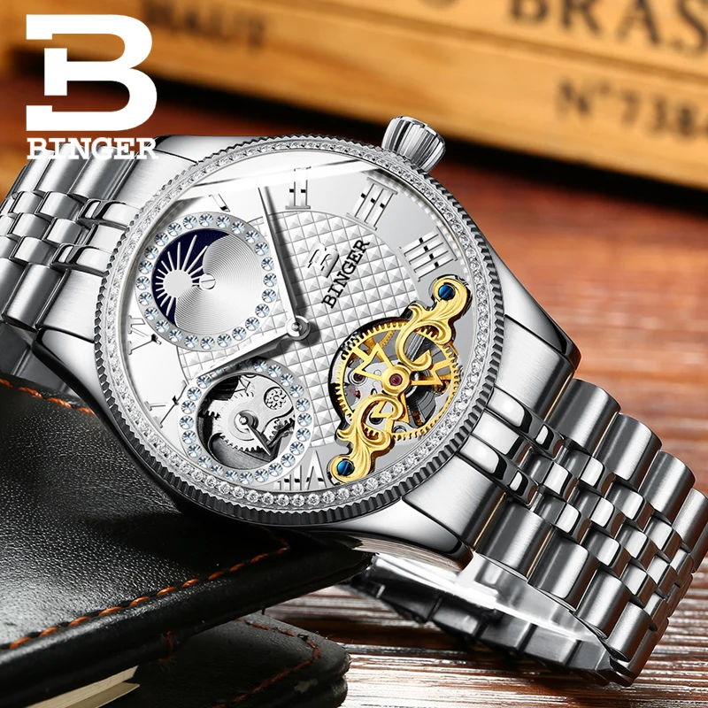 Moon Phase Automatic Wristwatches BINGER Men Mechanical Watch Tourbillon Clock relogio masculino Luxury Rhinestones waterproof|rhinestone