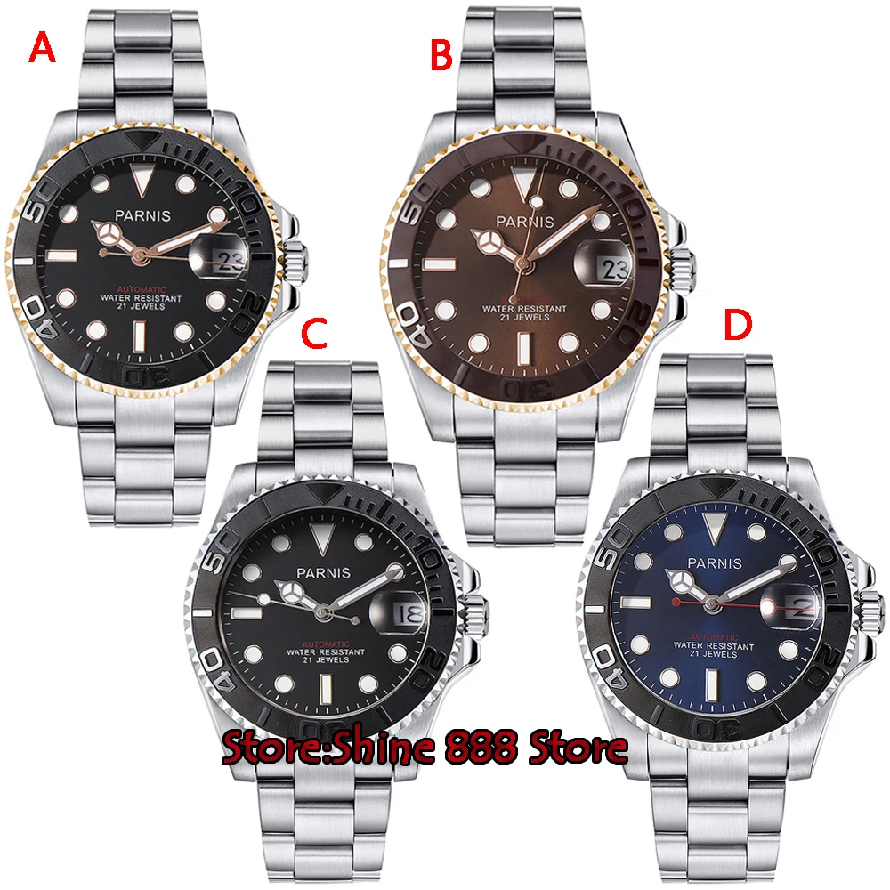 Мужские автоматические часы 41 мм Parnis с синим циферблатом и керамической рамкой 21