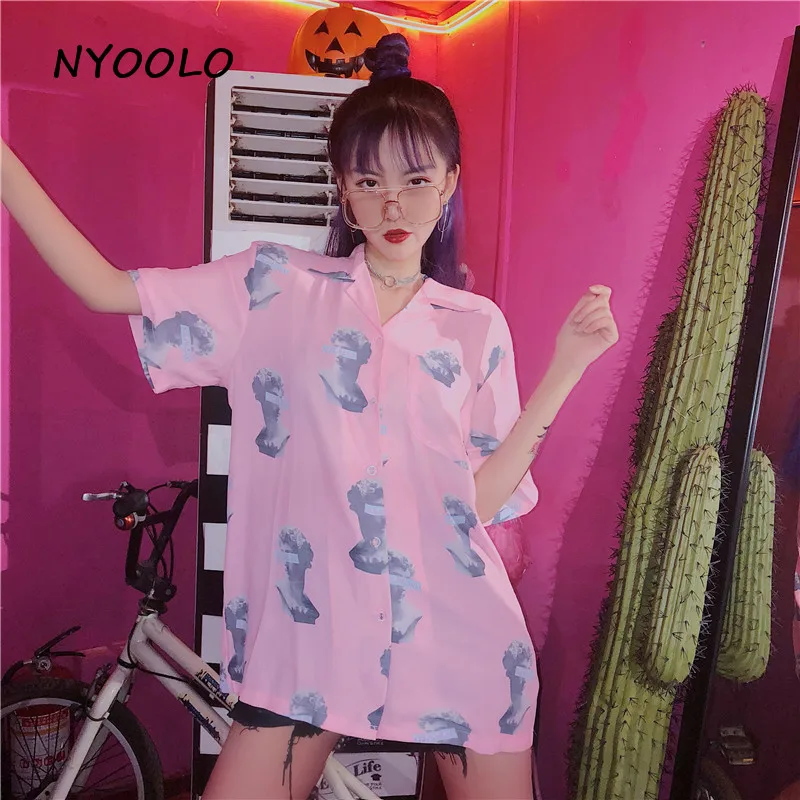NYOOLO Harajuku винтажная рубашка бойфренда с принтом пистолета и статуи Повседневная