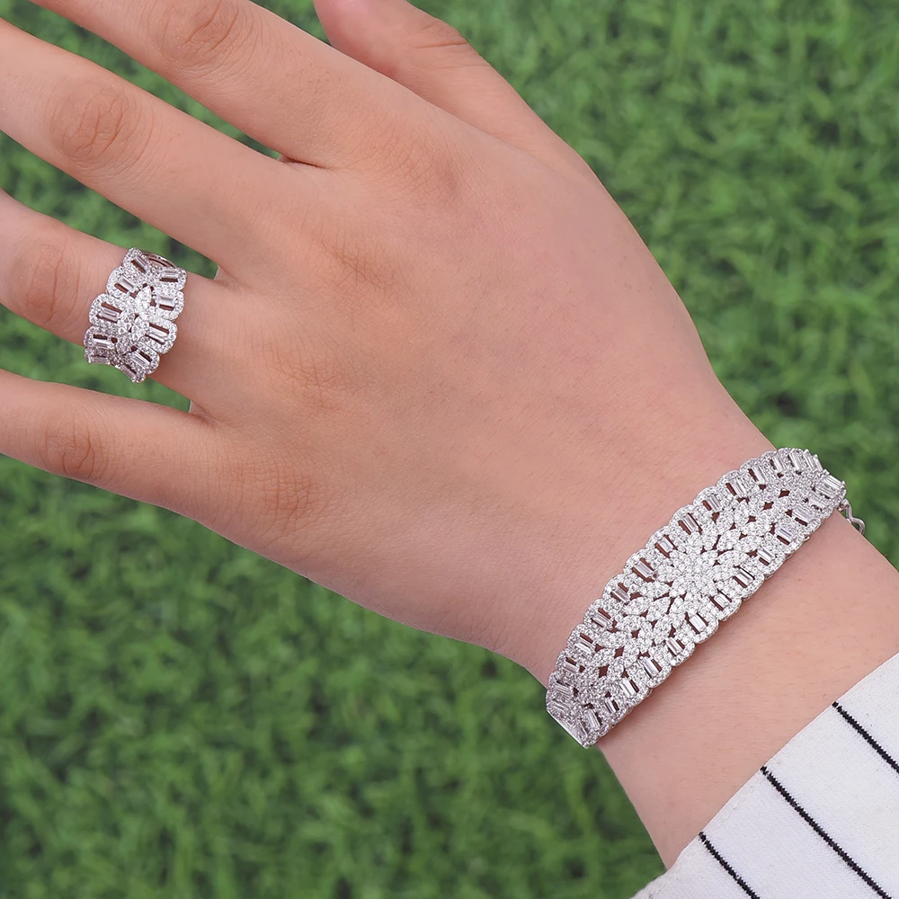

missvikki Handmade Prong Setting AAA CZ Bangle Open Ring Jewelry Set Luxury Gorgeous Geometric for Women Bridal Wedding Jewelry