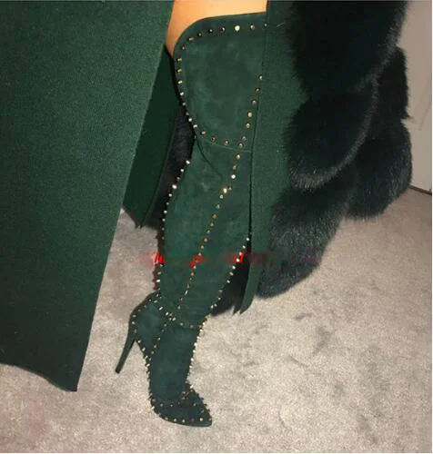 

Black Red Green Pointed Spiked Shoes Female Over The Knee Botas Stiletto Heels Women Booties Rivet Studs Suede Thigh High Boots