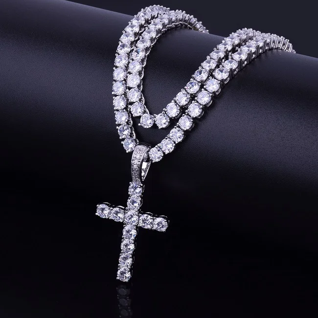 silver set Кулон крест из циркона с 4 мм теннисной цепочкой, набор мужских хип-хоп ювелирных изделий, Золотой Серебряный AAA CZ кулон ожерелье набор - Окраска металла: silver set