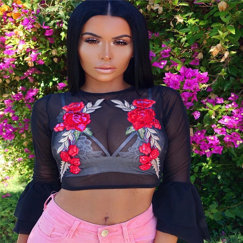 Женская блузка с вышивкой осень 2017 Офисная рубашка Прозрачная Футболка женская