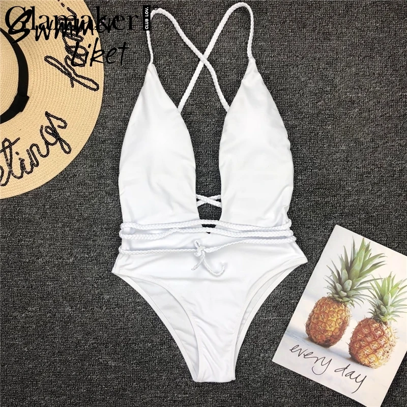 Glamaker Холтер бандаж женский цельный купальник сексуальный купальник bodycon открытая спина клуб Боди летний купальный костюм белый боди - Цвет: Белый