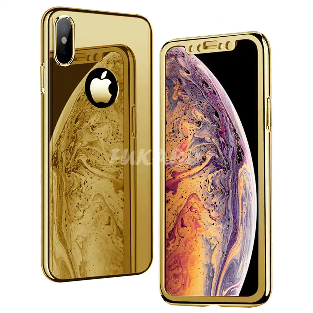 Покрытие 360 Полное покрытие для Apple iphone 7 iphone X Xr Xs Max зеркальный чехол для телефона для iphone 7 8 6 6S Plus блестящая Капа со стеклом - Цвет: Gold