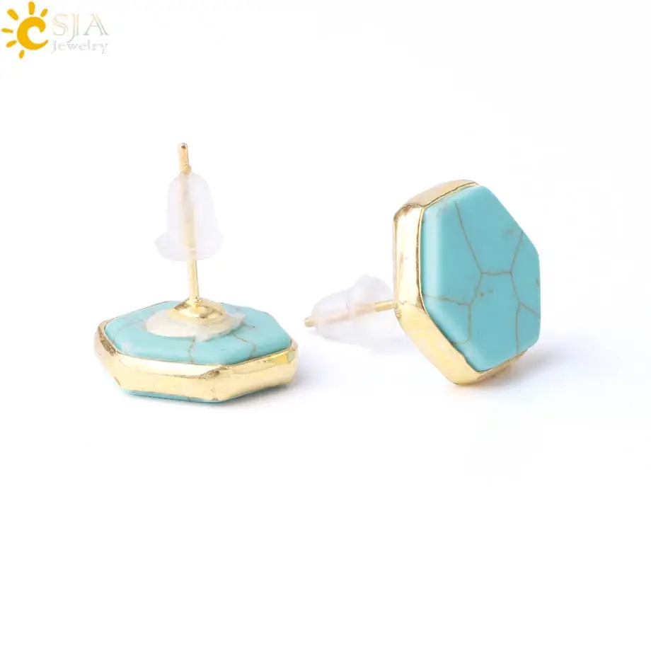 Turquoise CSJA, винтажные шестигранные серьги-гвоздики, геометрический золотистый, медный, стеклянный камень, простые модные серьги, ювелирные изделия для женщин, девушек, вечерние G032 - Окраска металла: Turquoise