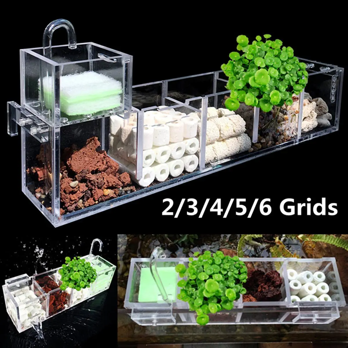 

2-6 Grids Fish Tank Aquarium Filter Box Acrylic External Hanging Water Purifier Aquatic Pet Cage Increase Oxygen Filter Supplies