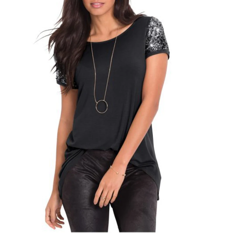 Летняя женская футболка с блестками модная коротким рукавом одежда Camisas Mujer