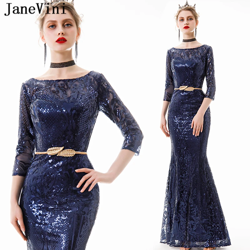

JaneVini Elegant Navy Blue Mermaid Long Evening Dresses with Sleeves Scoop Neck Shiny Sequined Sexy Formal Dress Robe De Soiree