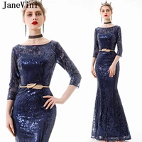 janevini elegant navy blue mermaid long evening dresses with sleeves scoop neck shiny sequined sexy formal dress robe de soiree