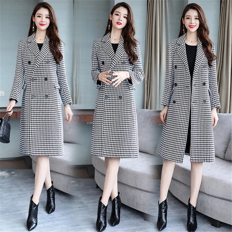 

Black White Plaid Coat Women's Long Spring Winter Woolen Coat Suit Collar Double-Breasted Korean Jacket Ladies Wild Windbreaker
