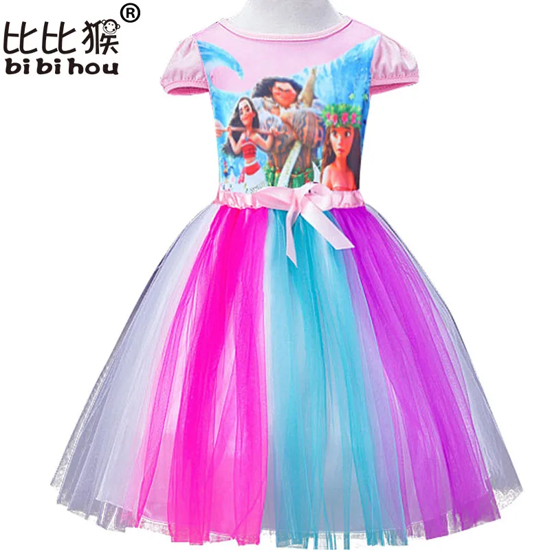 Bibihou First Birthday Girls Clothing vaiana Summer Princess Clothes Moana Cartoon Tulle Tutu Dresses Rainbow Handmade | Детская одежда