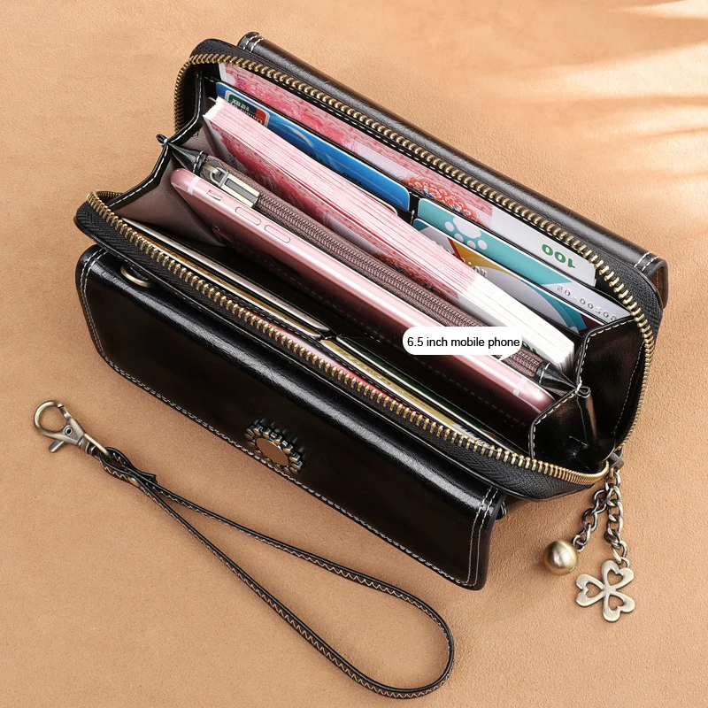Vintage Oil Wax Leather Women Wallets Long Zippers Purse Genuine Leather Wallet Female Clutch Multifunction Big Capacity Wallet