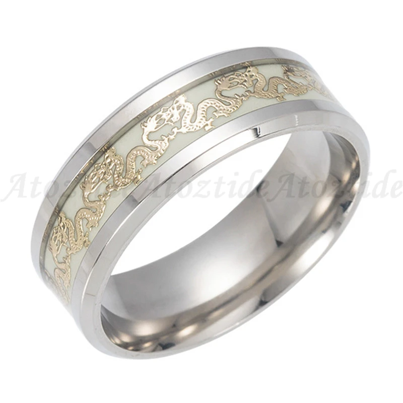 Atoztide 8mm Luminous Stainless Steel Double Dragon Ring For Men Fluorescent Long Totems Finger Rings Glowing | Украшения и