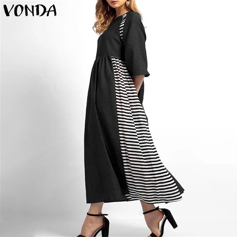 Kaftan Женский Осенний сарафан большого размера VONDA макси длинные платья с коротким рукавом льняные рубашки Платье женское Повседневное платье 5XL