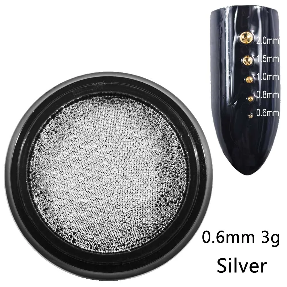 0.6mm sliver 3g Бусины для ногтей, микро металлические бусины 0,6-2,0 мм, 3D Шпильки для ногтей, сплав, ювелирное изделие для ногтей, амулеты, принадлежности для художественных украшений, стальные шарики для икры - Цвет: 0.6mm sliver 3g
