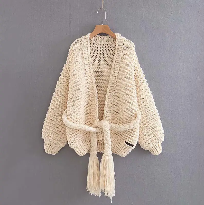Beige Изделие Duna ручной вязки кардиган теплый толстый слой пояс-шнур джемпер осень-зима свободные розовый Для женщин женский свитер-пуловер - Цвет: Beige