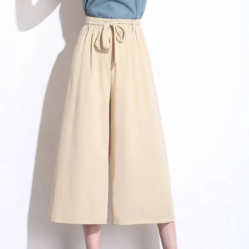 Плюс Размер Черный Шифоновый эластичный пояс длиной до икры широкие брюки с