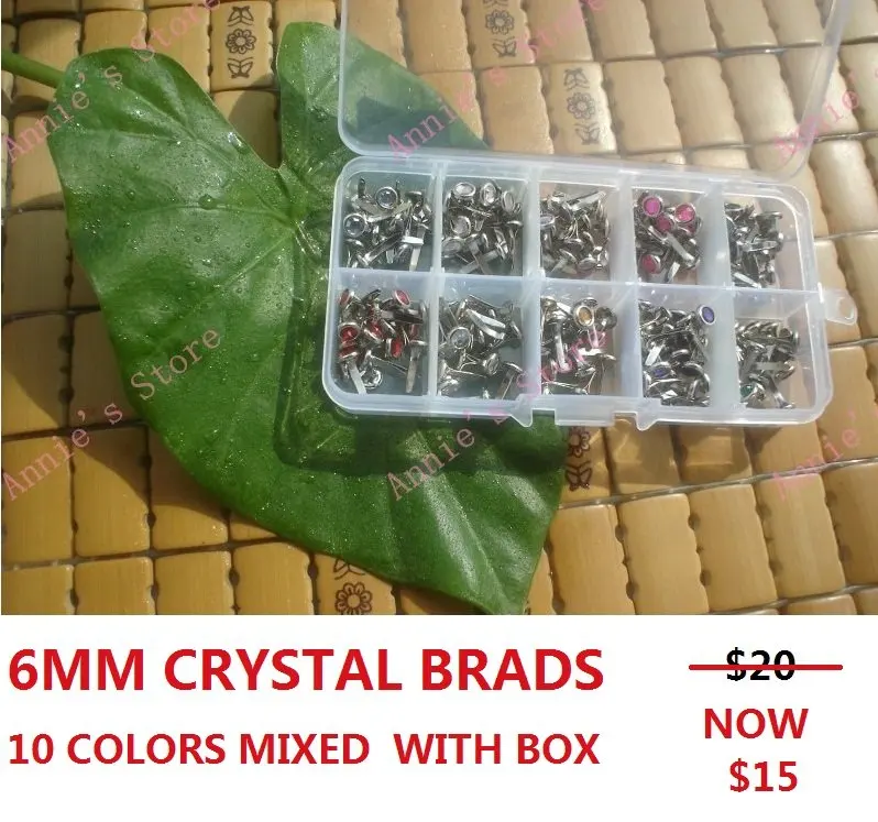 

PROMOTION! Wholesale rhinestone brads, Mixed color 6mm crystal brads with beautiful box + Free shiping