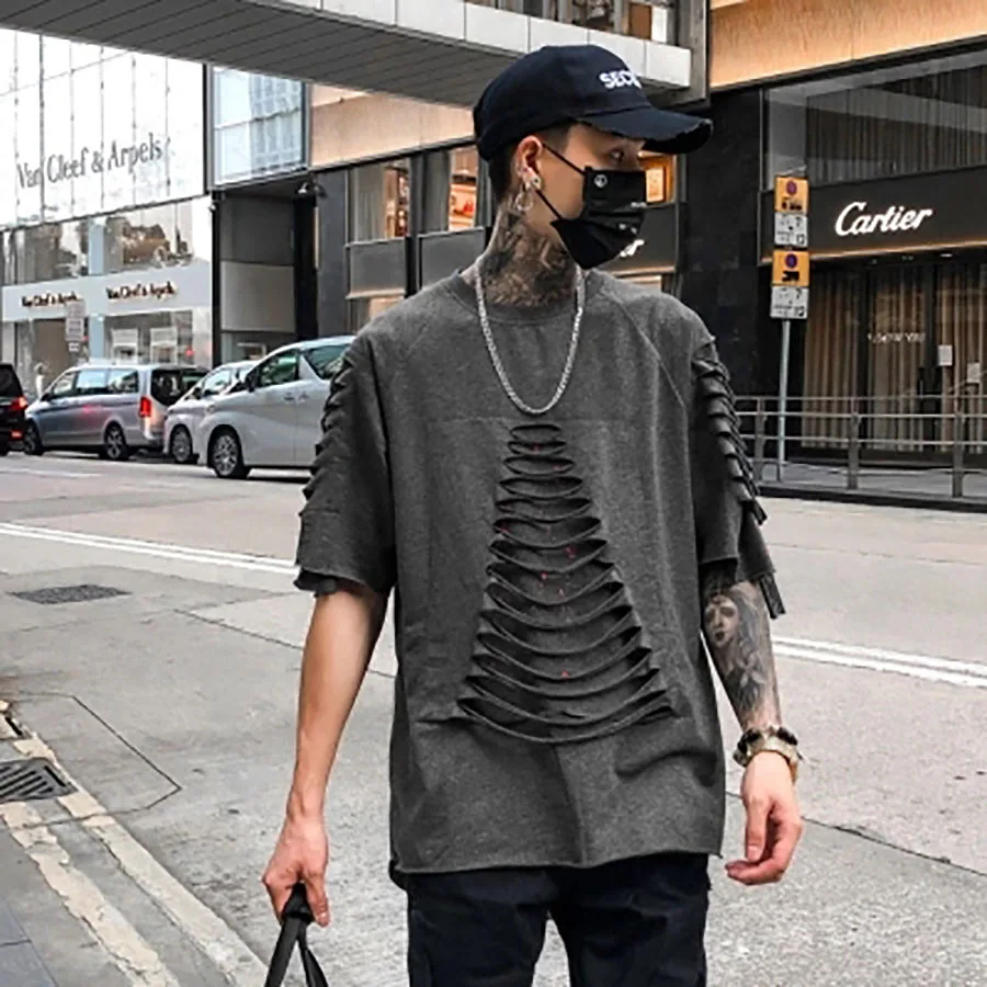 Рваные футболки для мужчин Панк Рок рейв футболка Psychedelic улица хип хоп Camisa Swag Rasgados