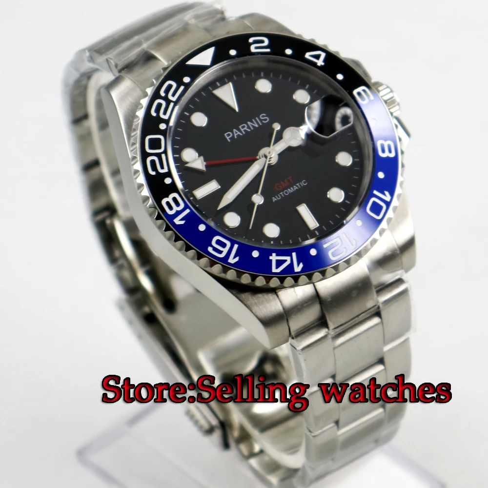40mm Parnis black dial Ceramic Rotatig Bezel Sapphire glass bezel GMT automatic mens watch | Наручные часы