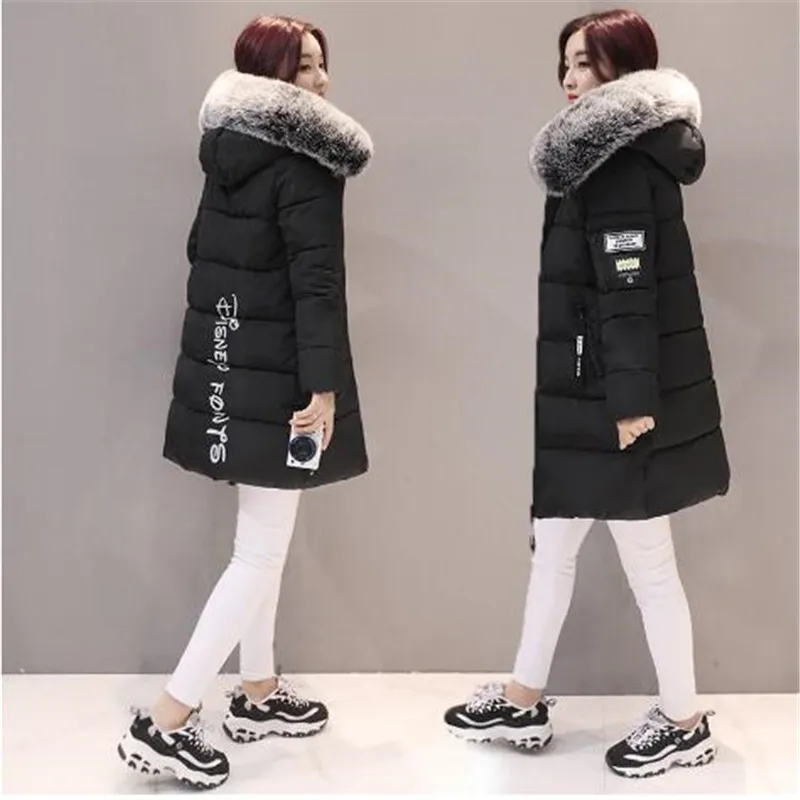 New 2019 autumn Winter women fur collar Long hoodie Down Jacket Plus Size Hooded cotton thick warm Windproof Parkas | Женская одежда