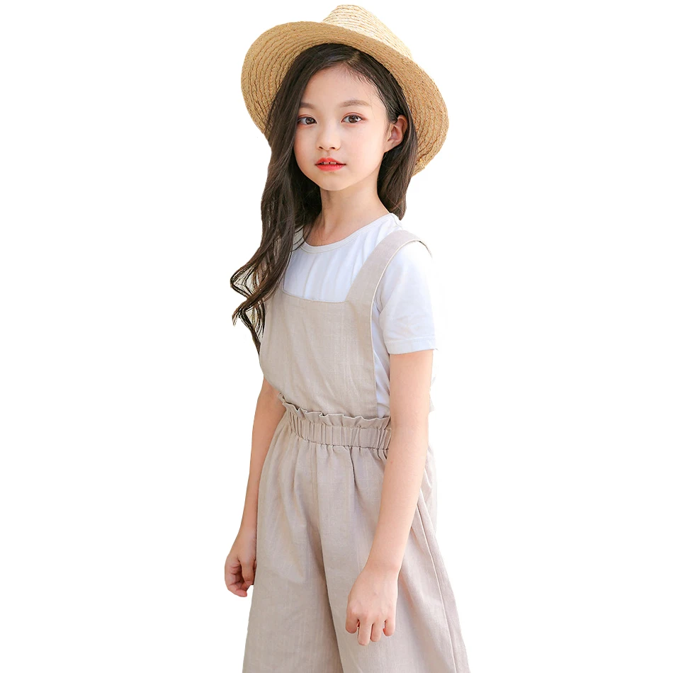 

2020 New Summer Cotton Linen Wide-legged Pants Girl Straps Trousers Children Clothes Loose Long Elastic Waist Pants Size 110-160