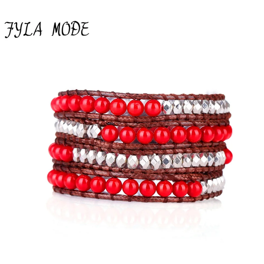 

Fyla Mode High Fashion Hollywood 6mm Red Coral Beaded Immitation Leather Wrap Bracelet Handmade Hippie Bracelets