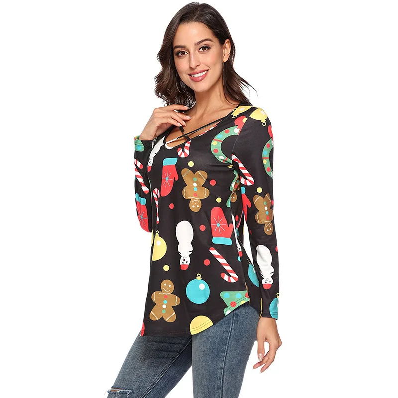 JSMYGS 2018 Christmas T-shirt Women Long Sleeve Tees Female Snowman Print Slim T Shirts Fashion Casual Pullover Tops | Женская одежда