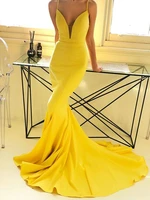 yellow elegant straps spaghetti mermaid long prom dress 2020 new cheap sexy backless satin long sweep train evening party dress
