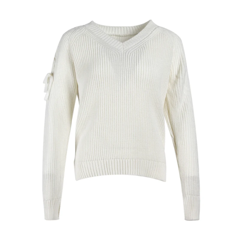 Off The Shoulder Sweater Women Fashion Lace Up V-Neck Hollow Out Long Sleeve Knitted Pullover Loose Tops | Женская одежда