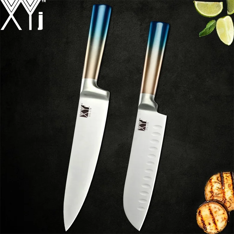 G.2 pcs set XYj кухонный нож из нержавеющей стали фруктовый нож Santoku шеф-повара нож для нарезки хлеба точилка ножницы аксессуары держатель подставка - Цвет: G.2 pcs set