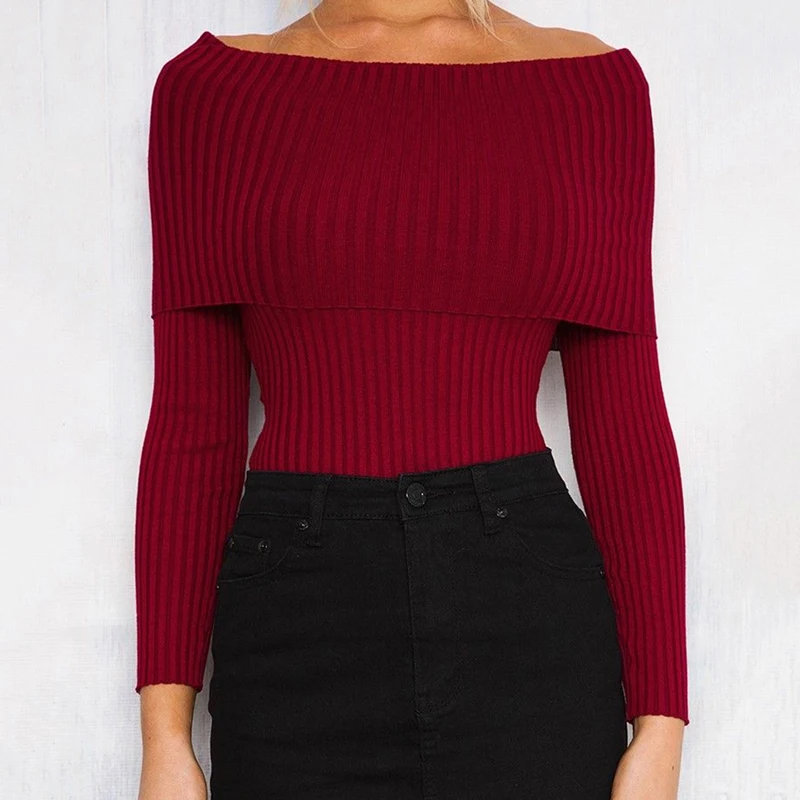 Women Sexy Off Shoulder Knitted Sweater Autumn Slim Sweaters and Pullovers Jumper Pull Femme Pink Black | Женская одежда