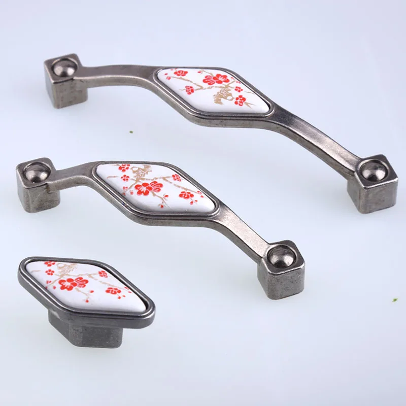 

96 128mm retro rural Plum blossom ceramic kitchen cabinet cupboard door handles antique silver drawer tv cabinet pulls knobs 5"