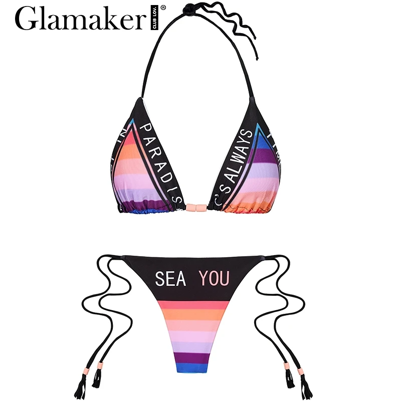 Glamaker, сексуальный боди с кисточками и буквенным принтом, Женский костюм с бретелькой через шею из двух частей, треугольный боди, женский купальник с пуш-ап - Цвет: Print